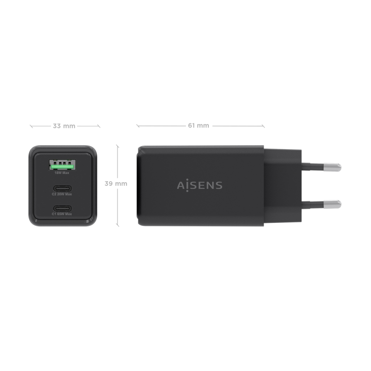 AISENS Cargador GaN 65W. 2xUSB-C PD3.0 QC4.0. 1xUSB-A QC3.0. Negro - detalle
