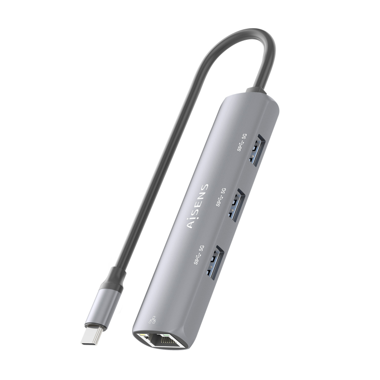 AISENS Dock USB-C A Ethernet Gigabit + Hub 3xUSB-A. Gris. 15cm - detalle