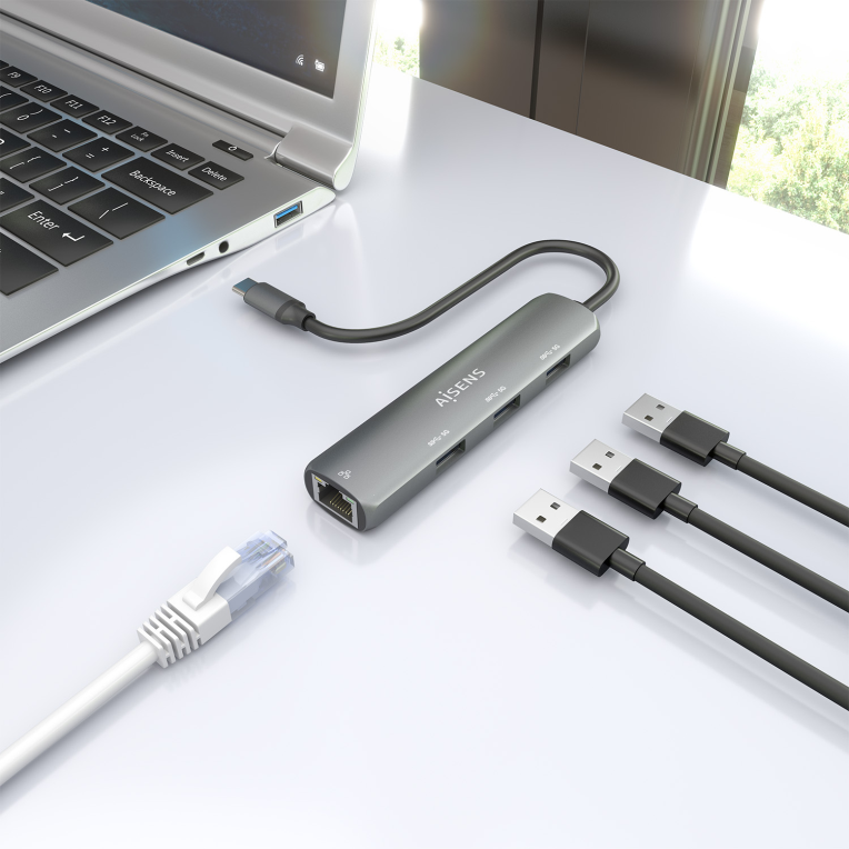 AISENS Dock USB-C A Ethernet Gigabit + Hub 3xUSB-A. Gris. 15cm - detalle