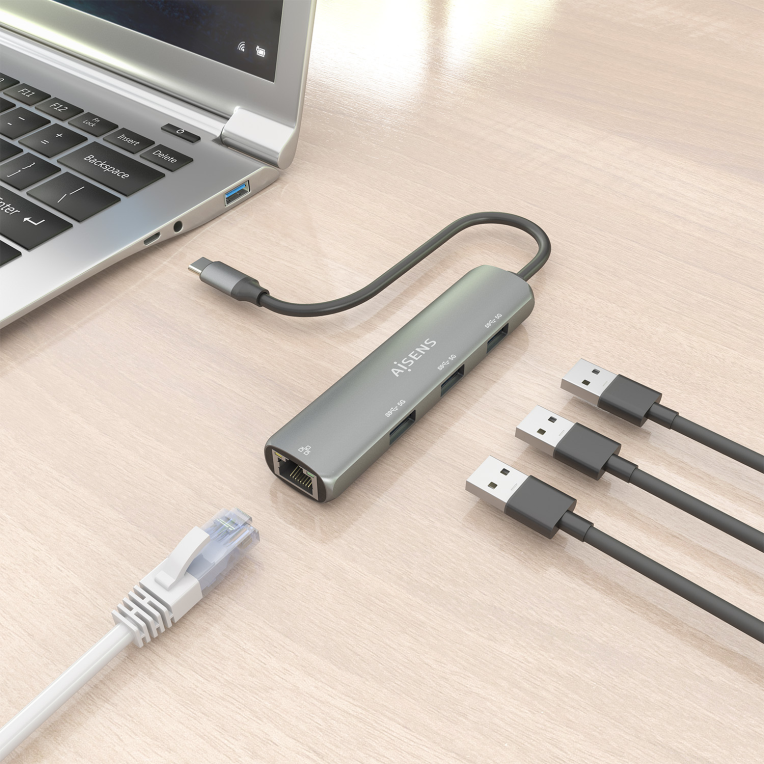 AISENS Dock USB-C A Ethernet Gigabit + Hub 3xUSB-A. Gris. 15cm - detalle