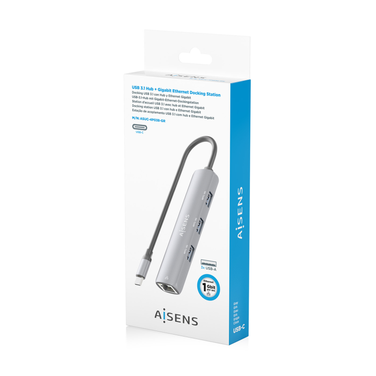 AISENS Dock USB-C A Ethernet Gigabit + Hub 3xUSB-A. Gris. 15cm - detalle
