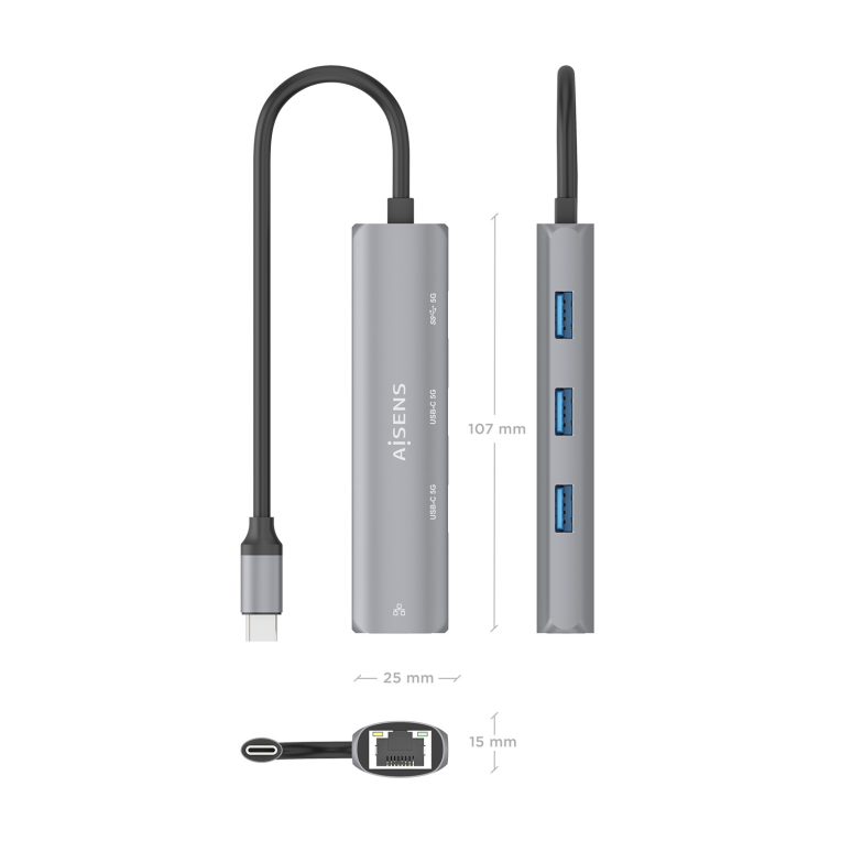 AISENS Dock USB-C A Ethernet Gigabit + Hub 2xUSB-C+1xUSB-A. Gris. 15cm - detalle