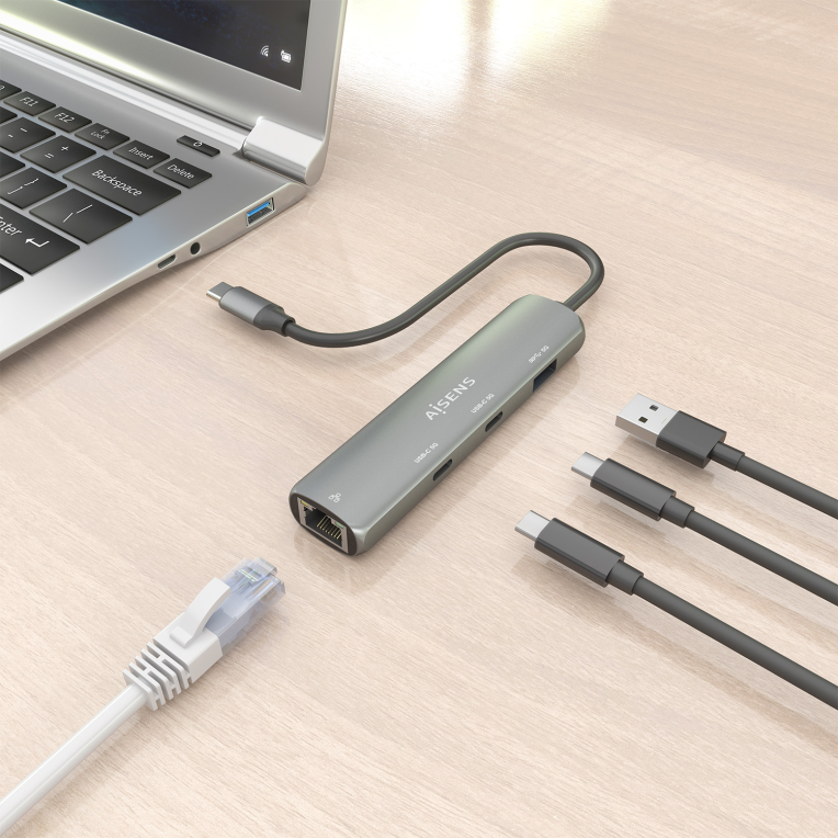 AISENS Dock USB-C A Ethernet Gigabit + Hub 2xUSB-C+1xUSB-A. Gris. 15cm - detalle