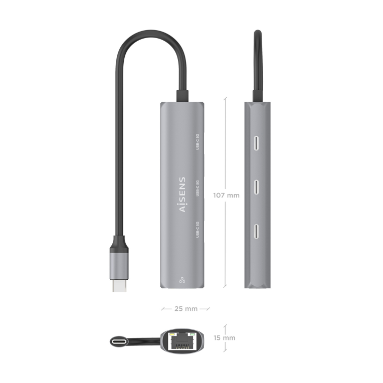 AISENS Dock USB-C A Ethernet Gigabit + Hub 3xUSB-C. Gris. 15cm - detalle
