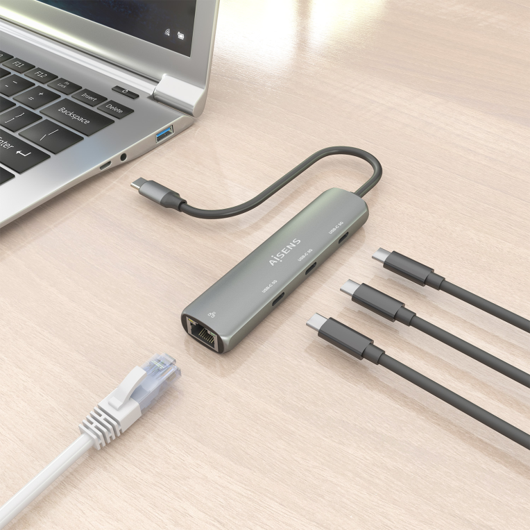 AISENS Dock USB-C A Ethernet Gigabit + Hub 3xUSB-C. Gris. 15cm - detalle