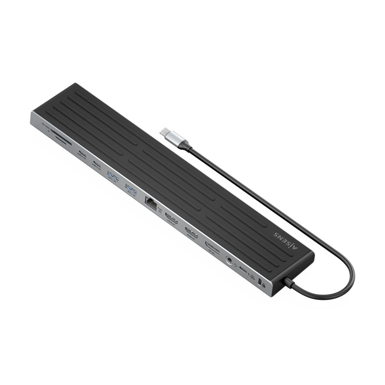 AISENS USB-C Dock 13 en 1. USB-C A 2xHDMI. 1xDisplayPort. 1xRJ45. 3xUSB-A. 2xUSB-C. 1xUSB-C PD. 1xSD. 1xMicro SD. 1xAudio. 1xRanura Kensington. 30cm - detalle