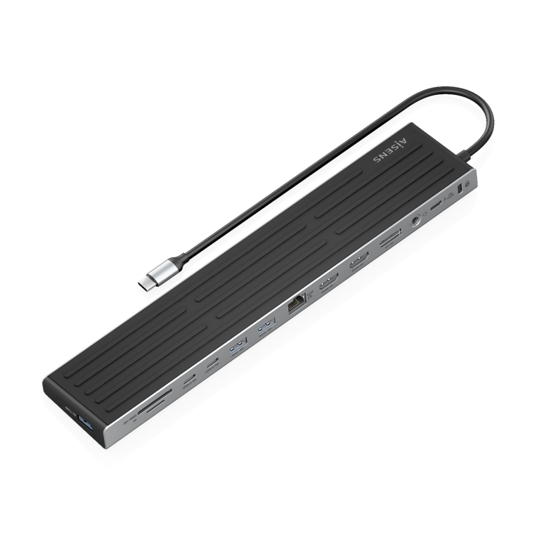 AISENS USB-C Dock 13 en 1. USB-C A 2xHDMI. 1xDisplayPort. 1xRJ45. 3xUSB-A. 2xUSB-C. 1xUSB-C PD. 1xSD. 1xMicro SD. 1xAudio. 1xRanura Kensington. 30cm - detalle