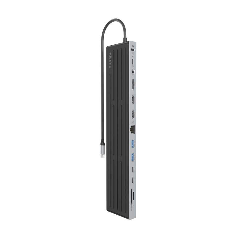 AISENS USB-C Dock 13 en 1. USB-C A 2xHDMI. 1xDisplayPort. 1xRJ45. 3xUSB-A. 2xUSB-C. 1xUSB-C PD. 1xSD. 1xMicro SD. 1xAudio. 1xRanura Kensington. 30cm - detalle