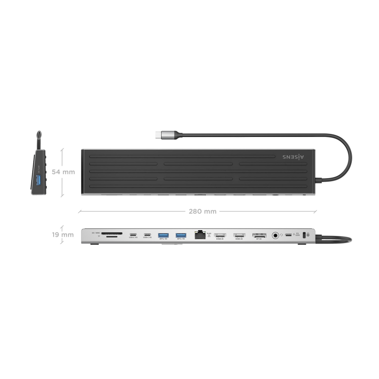 AISENS USB-C Dock 13 en 1. USB-C A 2xHDMI. 1xDisplayPort. 1xRJ45. 3xUSB-A. 2xUSB-C. 1xUSB-C PD. 1xSD. 1xMicro SD. 1xAudio. 1xRanura Kensington. 30cm - detalle