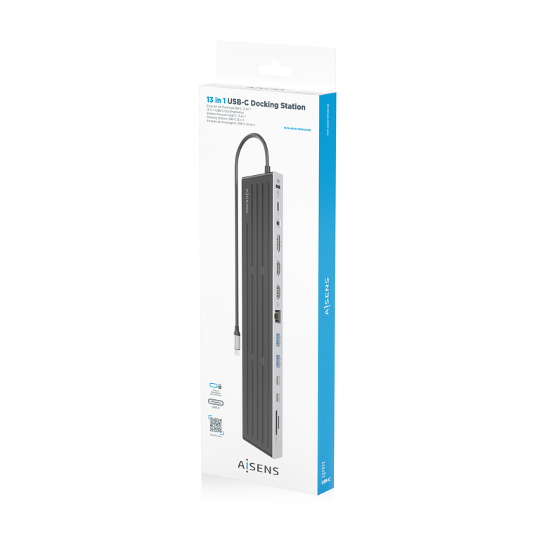 AISENS USB-C Dock 13 en 1. USB-C A 2xHDMI. 1xDisplayPort. 1xRJ45. 3xUSB-A. 2xUSB-C. 1xUSB-C PD. 1xSD. 1xMicro SD. 1xAudio. 1xRanura Kensington. 30cm - detalle