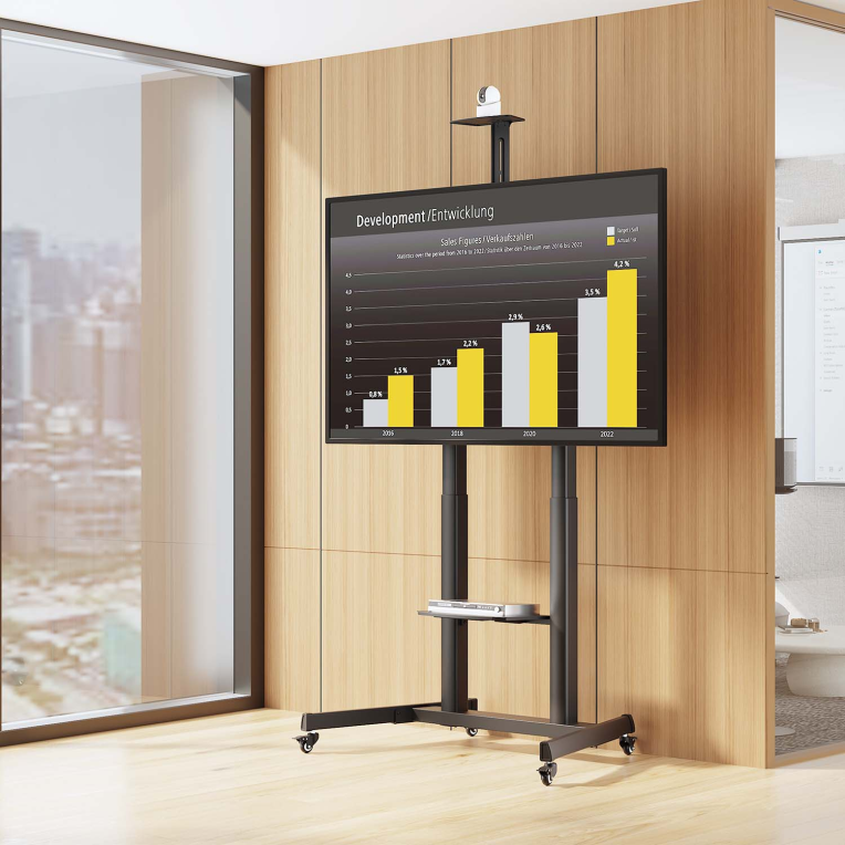 AISENS Soporte De Suelo Eco Con Ruedas Y Manivela. Bandeja Para DVD Y Soporte De Camara Para Monitor/TV 120kg De 60"-100". Negro - detalle