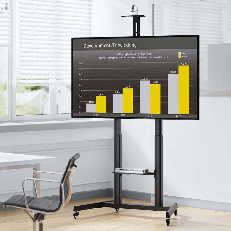 AISENS Soporte De Suelo Eco Con Ruedas Y Manivela. Bandeja Para DVD Y Soporte De Camara Para Monitor/TV 120kg De 60"-100". Negro - detalle