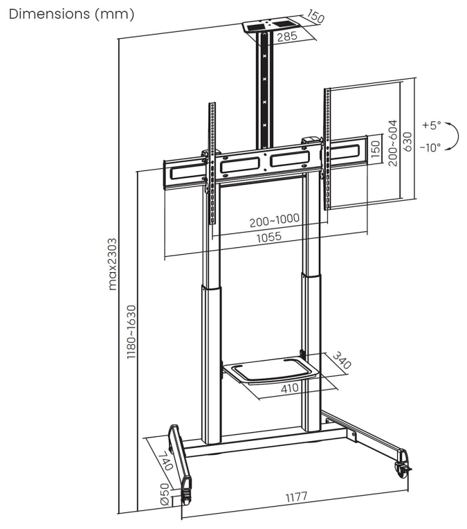 AISENS Soporte De Suelo Eco Con Ruedas Y Manivela. Bandeja Para DVD Y Soporte De Camara Para Monitor/TV 120kg De 60"-100". Negro - detalle