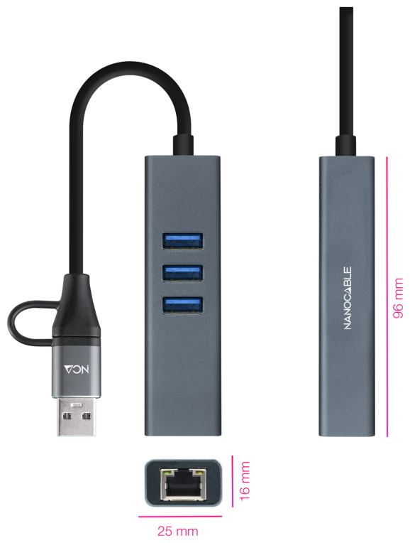 Nanocable Conversor USB-C+USB-A/M 3.0 a Ethernet + 3xUSB-A 3.0. Aluminio. Gris. 15 cm - detalle
