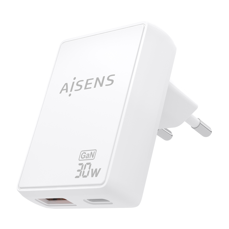 AISENS Cargador De Pared GaN Ultra Delgado 30W. 1xUSB-C PD3.0 QC4.0. 1xUSB-A QC3.0. Blanco - detalle