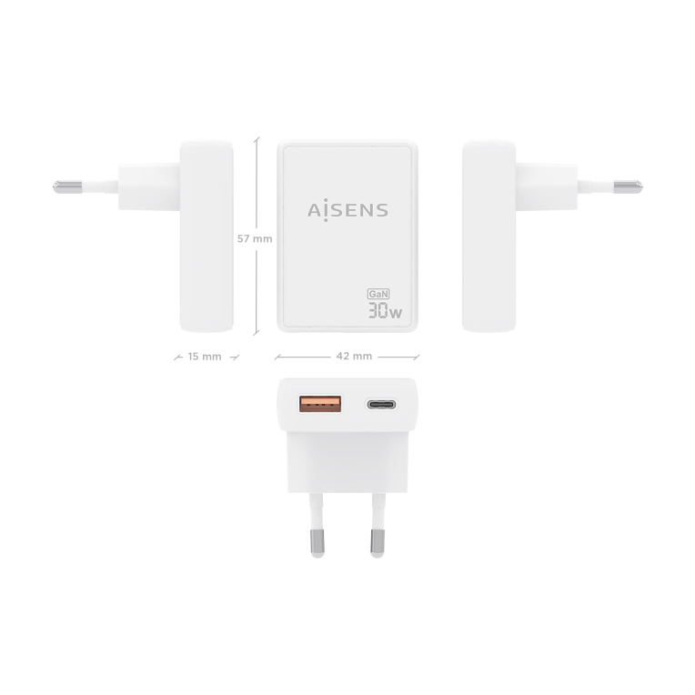 AISENS Cargador De Pared GaN Ultra Delgado 30W. 1xUSB-C PD3.0 QC4.0. 1xUSB-A QC3.0. Blanco - detalle