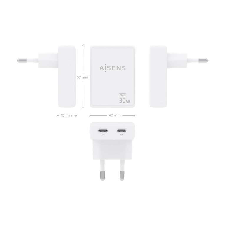 AISENS Cargador De Pared GaN Ultra Delgado 30W. 2xUSB-C PD3.0 QC4.0. Blanco - detalle