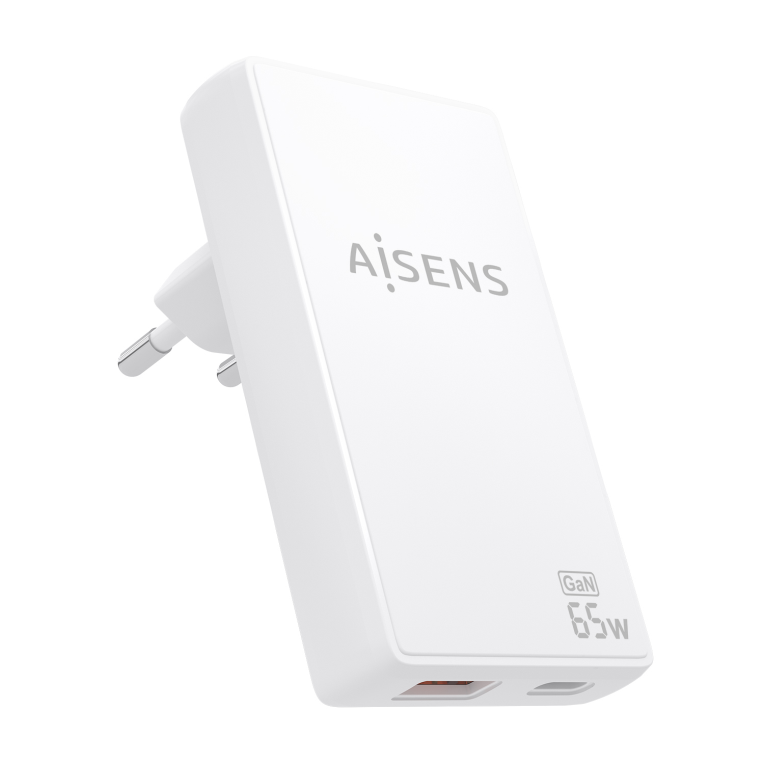 AISENS Cargador De Pared GaN Ultra Delgado 65W. 1xUSB-C PD3.0 QC4.0. 1xUSB-A QC3.0. Blanco - detalle