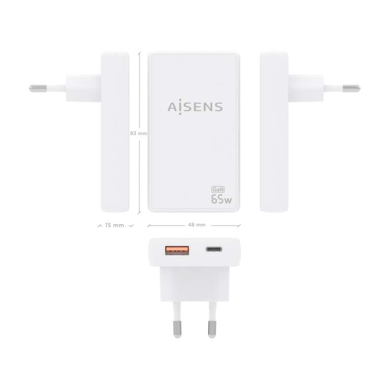 AISENS Cargador De Pared GaN Ultra Delgado 65W. 1xUSB-C PD3.0 QC4.0. 1xUSB-A QC3.0. Blanco - detalle