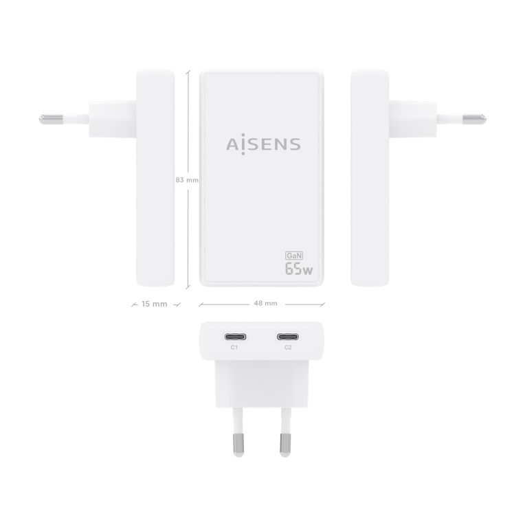AISENS Cargador De Pared GaN Ultra Delgado 65W. 2xUSB-C PD3.0 QC4.0. Blanco - detalle