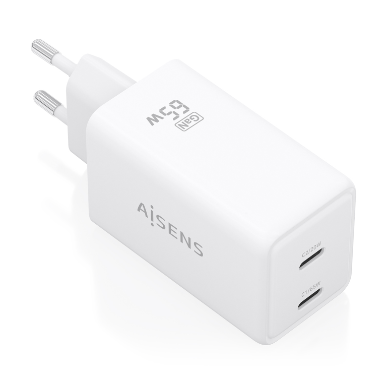 AISENS Cargador GaN 65W. 2xUSB-C PD3.0 QC4.0. Blanco - detalle