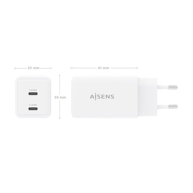 AISENS Cargador GaN 65W. 2xUSB-C PD3.0 QC4.0. Blanco - detalle