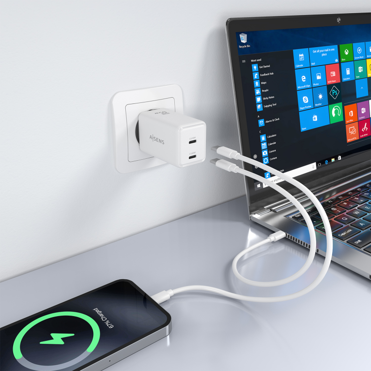 AISENS Cargador GaN 65W. 2xUSB-C PD3.0 QC4.0. Blanco - detalle