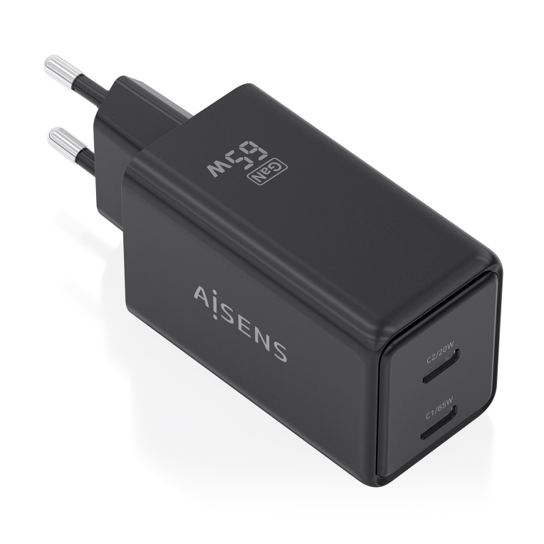 AISENS Cargador GaN 65W. 2xUSB-C PD3.0 QC4.0. Negro - detalle