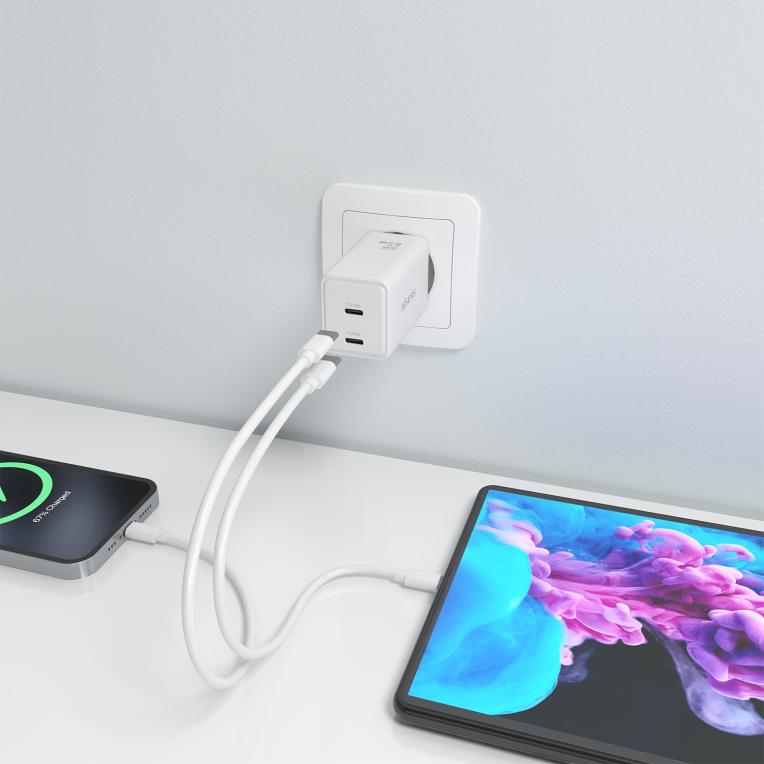 AISENS Cargador GaN 65W. 2xUSB-C PD3.0 QC4.0. Blanco - detalle