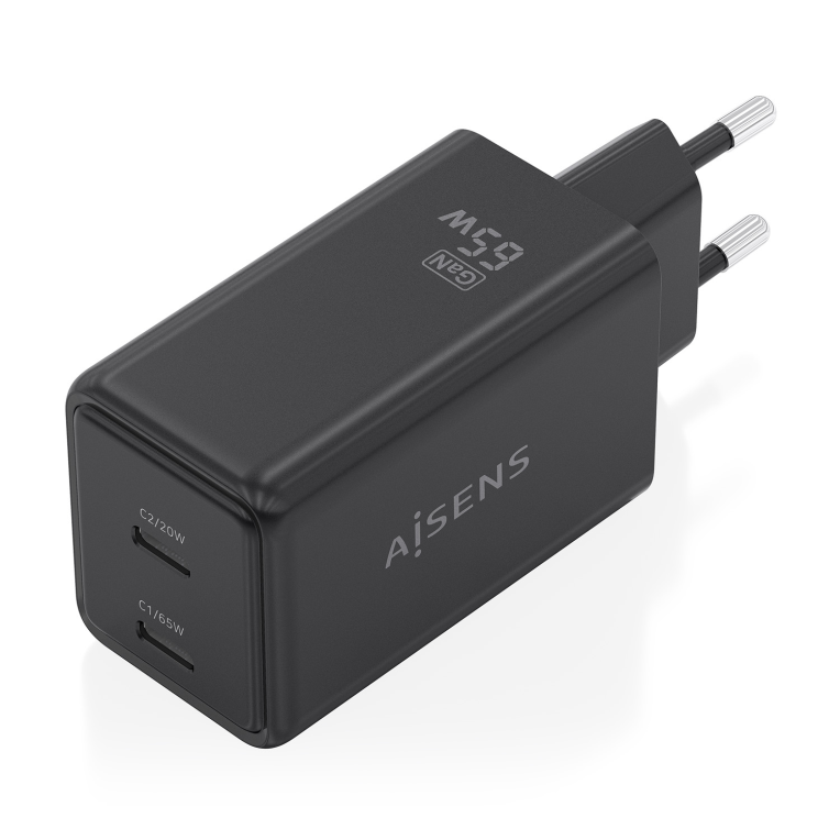 AISENS Cargador GaN 65W. 2xUSB-C PD3.0 QC4.0. Negro - detalle