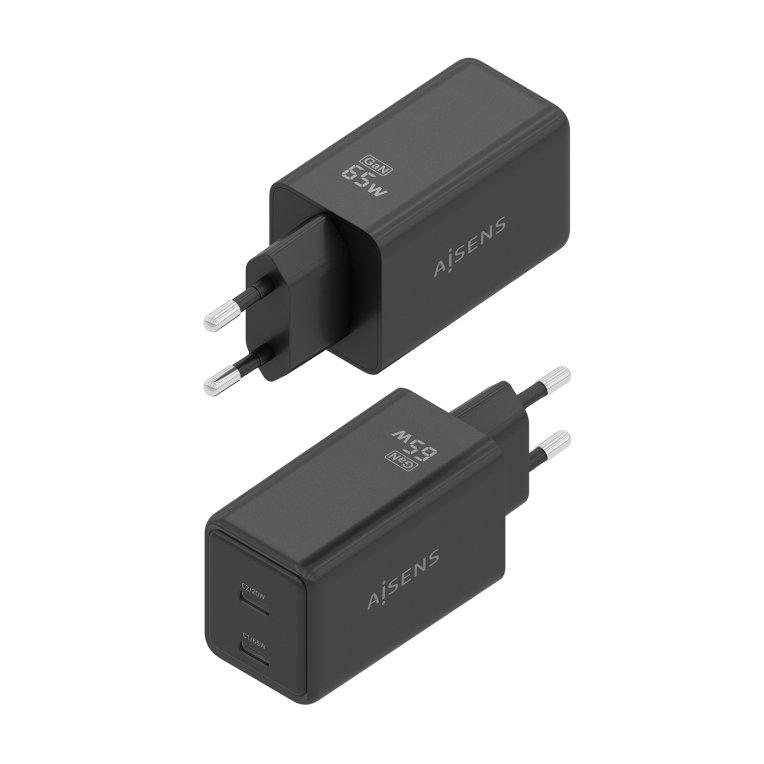 AISENS Cargador GaN 65W. 2xUSB-C PD3.0 QC4.0. Negro - detalle