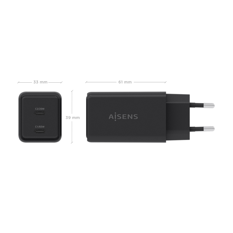 AISENS Cargador GaN 65W. 2xUSB-C PD3.0 QC4.0. Negro - detalle