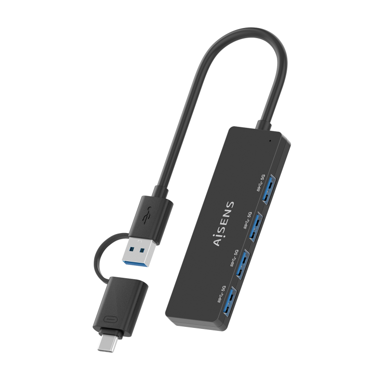 AISENS Hub USB 3.1 USB-C USB-A. USB-C/M+USB-A/M-4xTIPO A/H. Negro. 15cm - detalle
