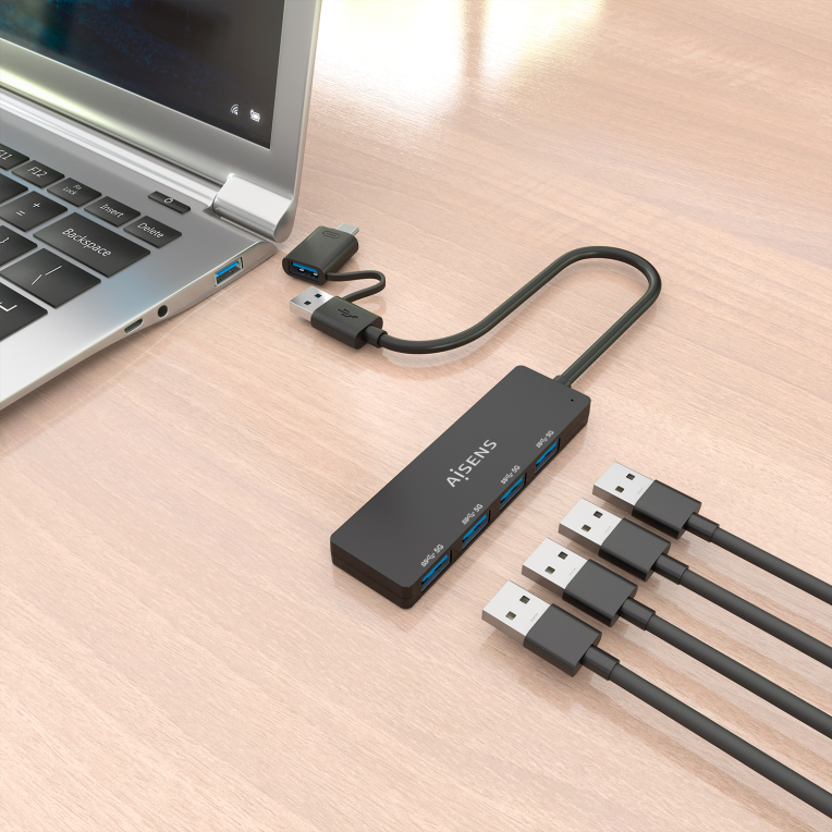 AISENS Hub USB 3.1 USB-C USB-A. USB-C/M+USB-A/M-4xTIPO A/H. Negro. 15cm - detalle