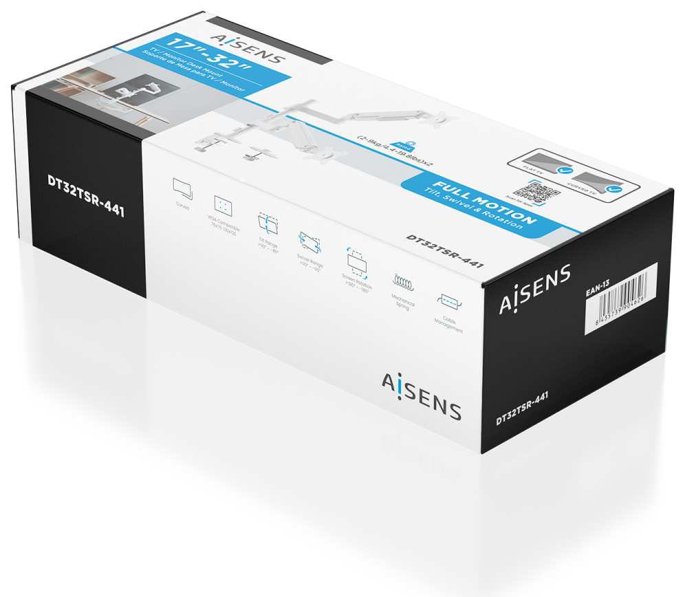 AISENS Soporte de Mesa Eco Contrapeso Giratorio e Inclinable para Monitor/TV 9kg (3 PIVOTES. 2 BRAZOS) de 17-32. Blanco - detalle