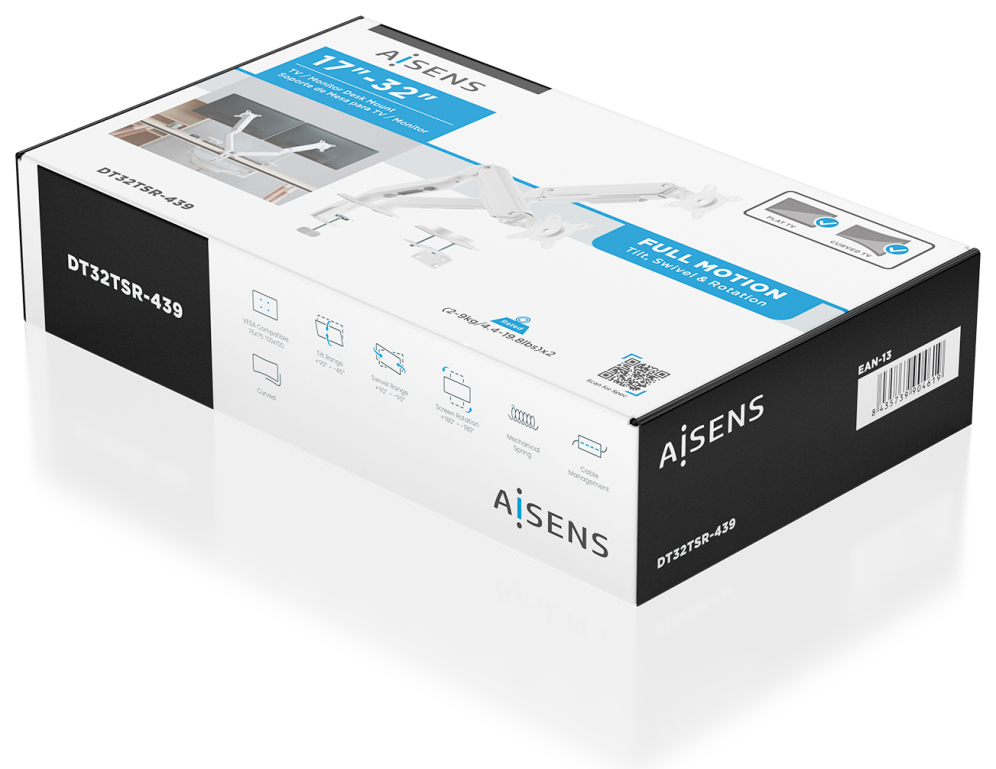 AISENS Soporte de Mesa Eco Contrapeso Giratorio e Inclinable para Monitor/TV 9kg (3 PIVOTES. 2 BRAZOS) de 17-32. Blanco - detalle