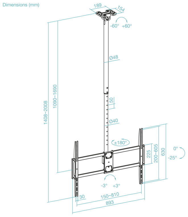 TooQ Soporte de Techo Extensible para Pantallas 50"-100". Negro - detalle
