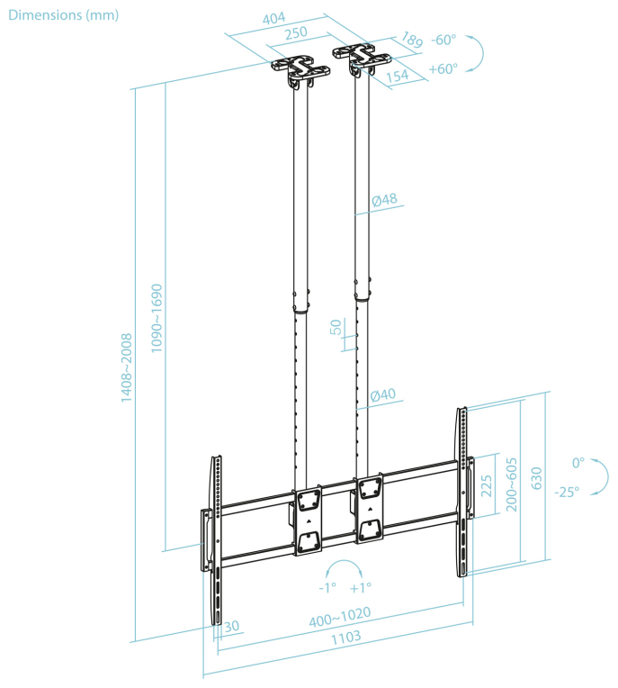 TooQ Soporte de Techo Extensible con doble mástil para Pantallas 60”-120". Negro - detalle