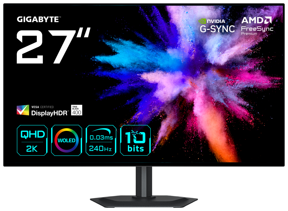 GIGABYTE GO27Q24G Monitor Gaming OLED 27” 2K QHD - 2560 x 1440. 240Hz. 0.03ms. 275 cd/m². FreeSync Premium. G-Sync Compatible. HDMI 2.1. DisplayPort 1.4 - detalle