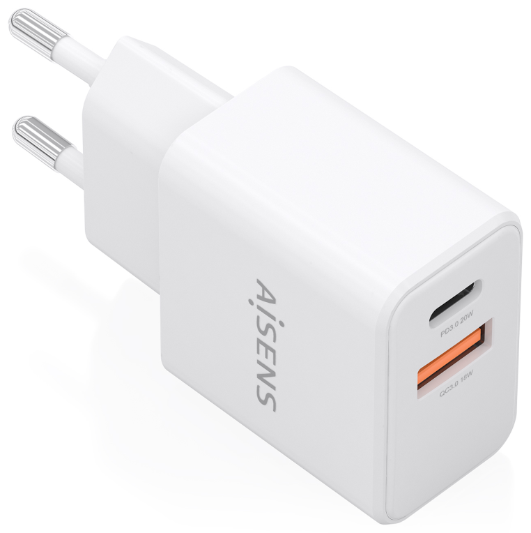AISENS Cargador GaN 20W. 1xUSB-C PD3.0. 1xUSB-A QC3.0. Blanco - detalle