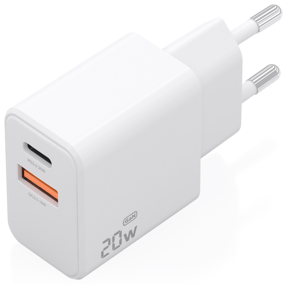 AISENS Cargador GaN 20W. 1xUSB-C PD3.0. 1xUSB-A QC3.0. Blanco - detalle