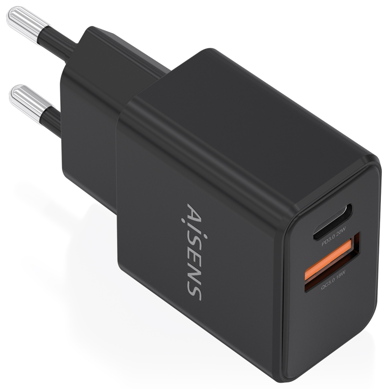 AISENS Cargador GaN 20W. 1xUSB-C PD3.0. 1xUSB-A QC3.0. Negro - detalle