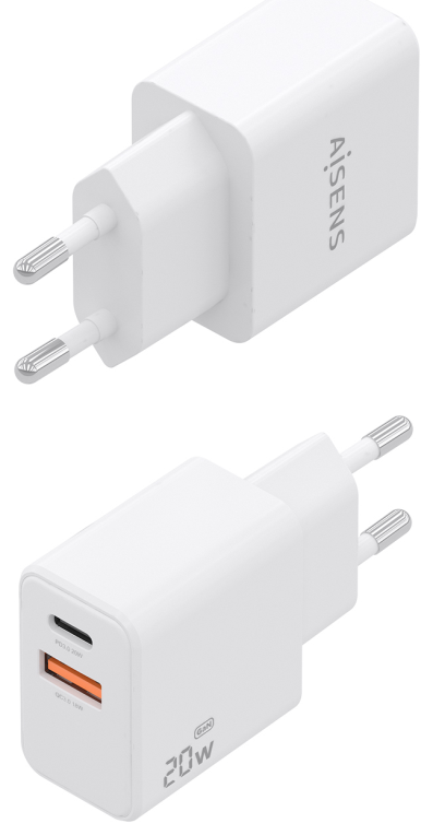 AISENS Cargador GaN 20W. 1xUSB-C PD3.0. 1xUSB-A QC3.0. Blanco - detalle