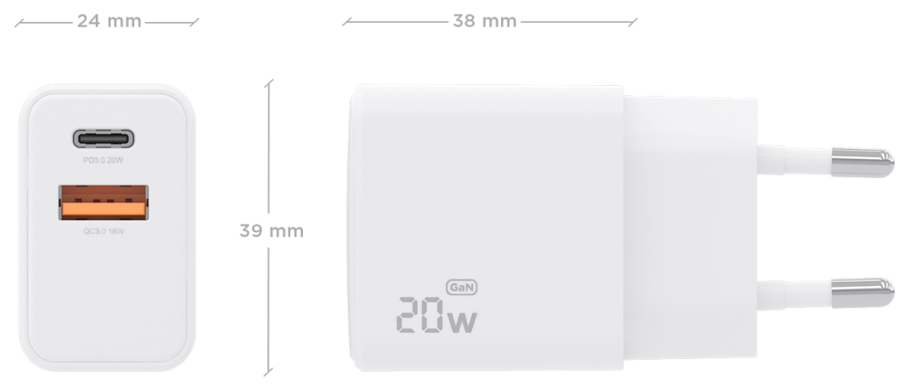 AISENS Cargador GaN 20W. 1xUSB-C PD3.0. 1xUSB-A QC3.0. Blanco - detalle