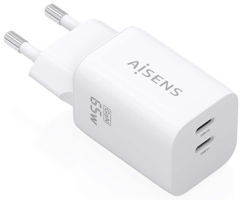 AISENS Cargador GaN 65W. 2xUSB-C PD3.0 QC4.0. Blanco - detalle