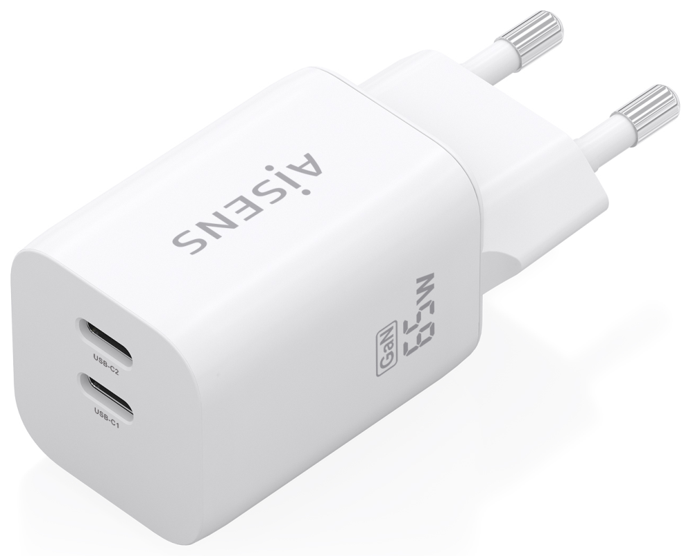 AISENS Cargador GaN 65W. 2xUSB-C PD3.0 QC4.0. Blanco - detalle