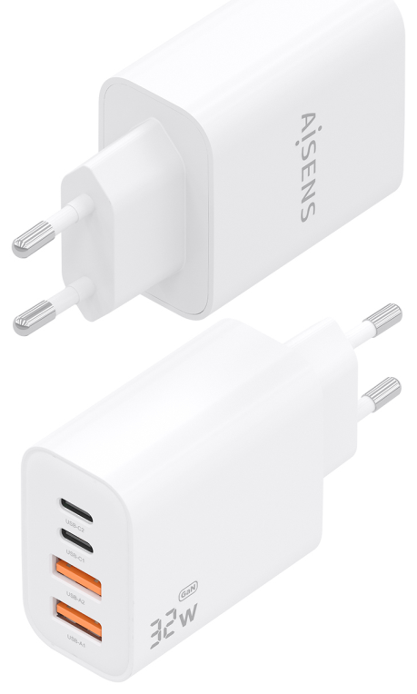 AISENS Cargador GaN 32W. 2xUSB-C PD3.0. 2xUSB-A. Blanco - detalle