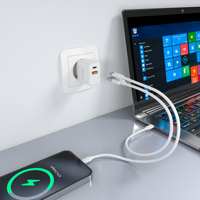 AISENS Cargador GaN 20W. 1xUSB-C PD3.0. 1xUSB-A QC3.0. Blanco - detalle