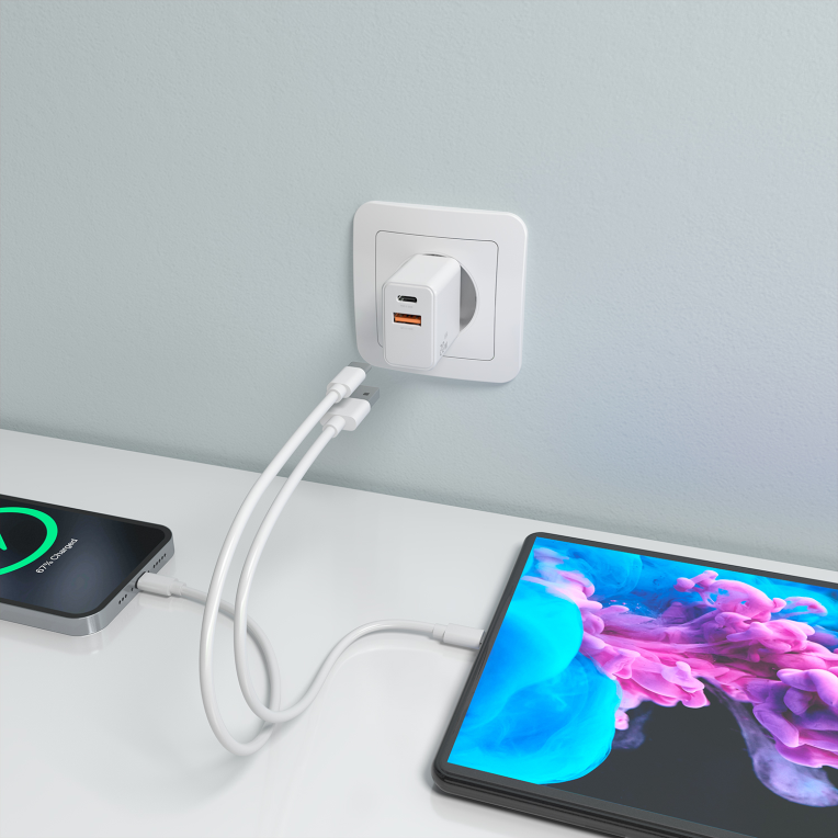 AISENS Cargador GaN 20W. 1xUSB-C PD3.0. 1xUSB-A QC3.0. Blanco - detalle