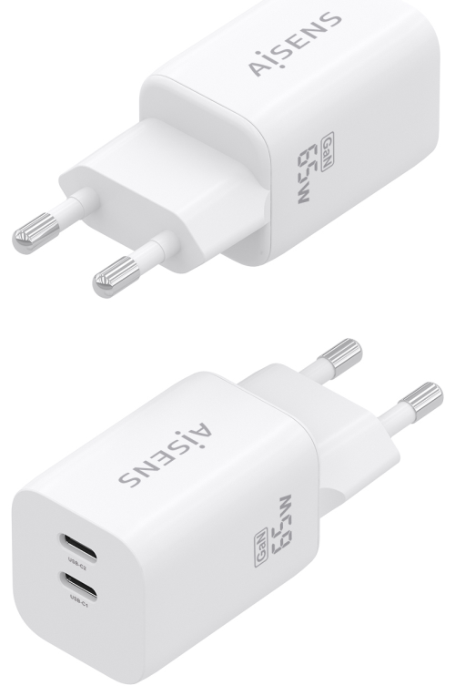 AISENS Cargador GaN 65W. 2xUSB-C PD3.0 QC4.0. Blanco - detalle
